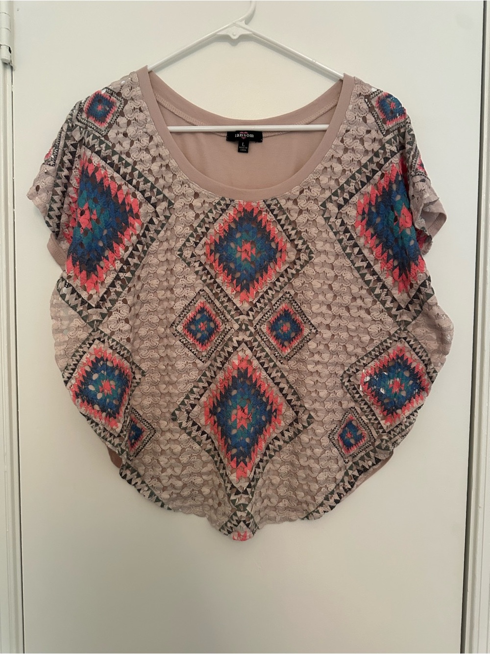 Ransom Taupe Crochet-Overlay Top with Teal and Coral Diamond Print